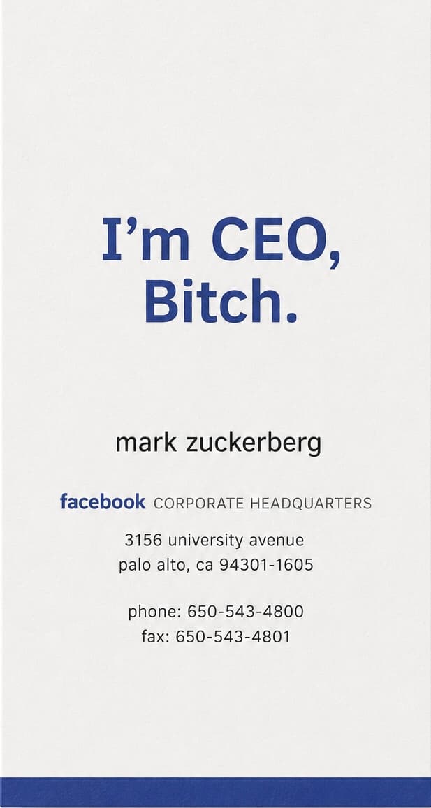 Minimal white and blue CEO business card for Mark Zuckerberg