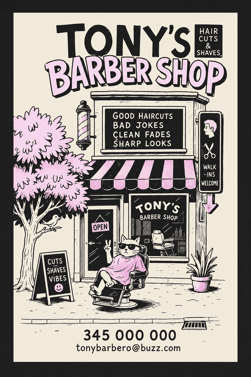 Illustrated pink, cream and black business card for Tony’s Barber Shop